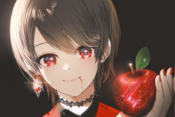 Anime picture 2048x1365 with original isobe47 single looking at viewer fringe highres short hair simple background smile red eyes brown hair holding upper body nail polish fingernails black background close-up face red nail polish starry sky print