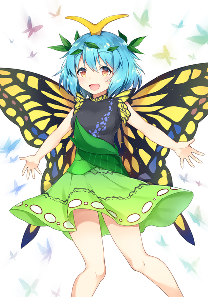 Anime-Bild 780x1114 mit touhou eternity larva caramell0501 single tall image fringe short hair open mouth hair between eyes red eyes blue hair looking away :d spread arms insect wings butterfly wings antennae girl dress wings