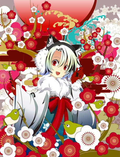 Anime picture 1143x1500 with original sakisato kiriko single tall image short hair open mouth smile red eyes animal ears white hair traditional clothes japanese clothes cat ears plum blossoms girl gloves flower (flowers) animal bird (birds) fur