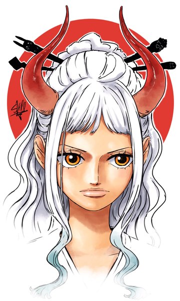 Anime picture 1228x2048 with one piece toei animation yamato (one piece) sherumaru (korcht06) single long hair tall image fringe simple background white background signed yellow eyes payot looking away ahoge white hair ponytail blunt bangs horn (horns) portrait