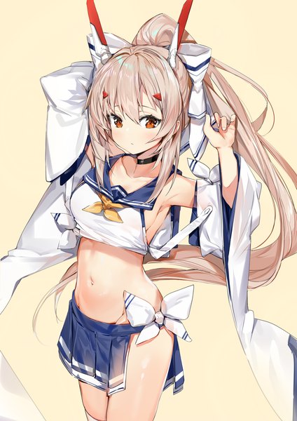 Anime picture 2000x2829 with azur lane ayanami (azur lane) silver (chenwen) single long hair tall image looking at viewer blush fringe highres breasts light erotic simple background hair between eyes brown hair standing brown eyes payot ponytail pleated skirt