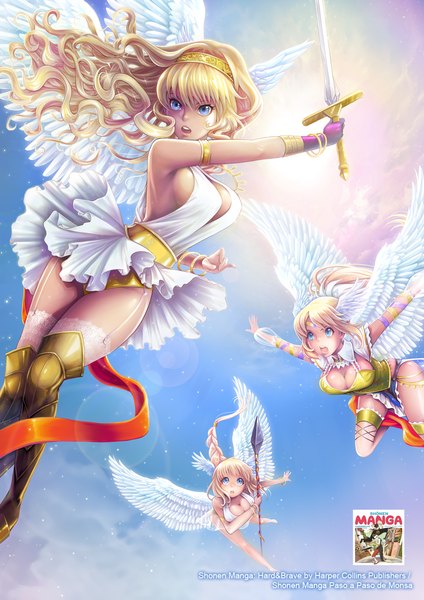 Anime picture 1000x1414 with original hiya (hlya) long hair tall image open mouth blue eyes light erotic blonde hair sky cloud (clouds) ponytail braid (braids) sunlight single braid angel wings girl dress gloves weapon sword