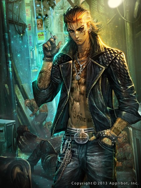 Anime picture 1200x1600 with furyou michi ~gang road~ original xaxak tall image looking at viewer short hair brown hair brown eyes open clothes open jacket tattoo scar boy gloves jacket fingerless gloves pendant building (buildings) chain cigarette
