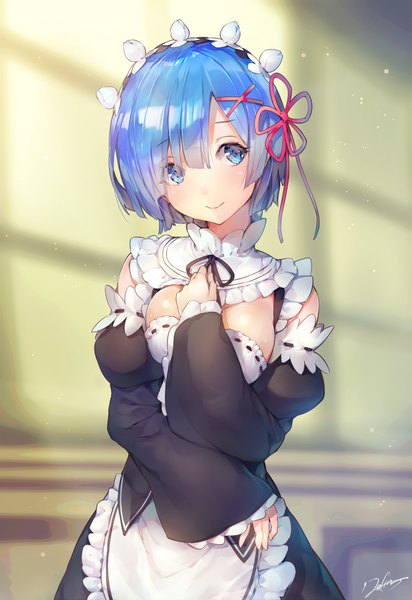 Anime picture 982x1430 with re:zero kara hajimeru isekai seikatsu white fox rem (re:zero) deecha single tall image looking at viewer blush fringe short hair breasts smile hair between eyes standing signed head tilt wide sleeves maid depth of field hand on chest