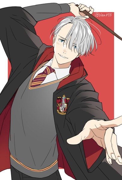 Anime picture 1062x1563 with yuri!!! on ice harry potter mappa viktor nikiforov natsuko (bluecandy) single tall image looking at viewer fringe short hair blue eyes simple background smile silver hair upper body fingernails hair over one eye outstretched arm red background cosplay
