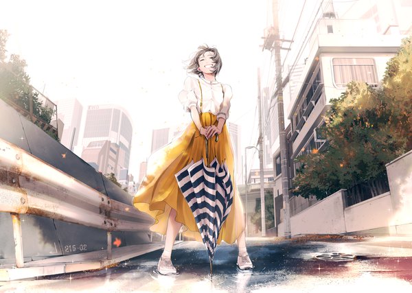 Anime picture 2935x2088 with original maeda-mic single highres short hair smile brown hair standing holding full body outdoors eyes closed nail polish wind sparkle wet puffy sleeves grin city happy