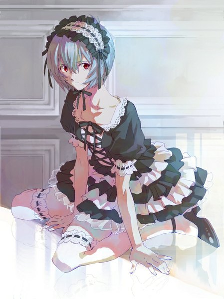 Anime picture 599x800 with neon genesis evangelion gainax ayanami rei mc single tall image fringe short hair breasts red eyes sitting blue hair looking away indoors arm support short sleeves puffy sleeves wariza reflection lolita fashion