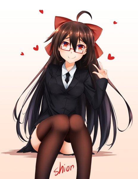 Anime picture 1000x1292 with original helther single long hair tall image looking at viewer blush fringe breasts simple background smile hair between eyes red eyes brown hair large breasts sitting signed ahoge bent knee (knees) pleated skirt