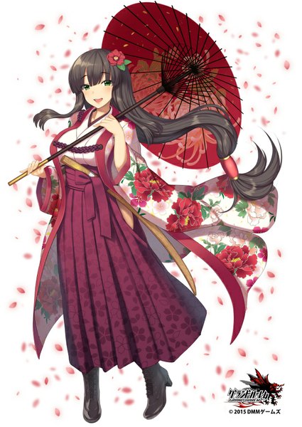 Anime picture 637x900 with pokachu single long hair tall image looking at viewer blush fringe breasts open mouth black hair large breasts green eyes traditional clothes japanese clothes hair flower floral print sheathed girl hair ornament flower (flowers)