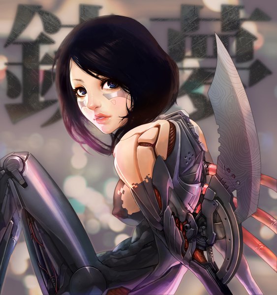 Anime picture 1600x1704 with battle angel alita gally subaru (jkworks) single tall image looking at viewer blush short hair breasts blue eyes light erotic black hair sitting bent knee (knees) parted lips looking back lips inscription covered nipples mechanical