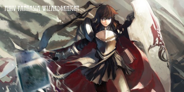Anime picture 1600x800 with original pixiv fantasia pixiv fantasia wizard and knight blueman single long hair brown hair wide image purple eyes girl armor book (books) shield hammer