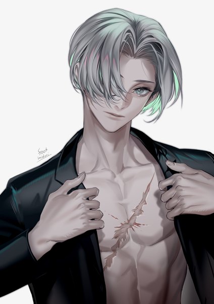 Anime picture 1000x1414 with original midori foo single tall image looking at viewer fringe short hair simple background white background signed silver hair upper body multicolored hair hair over one eye open clothes scar colored inner hair silver eyes boy