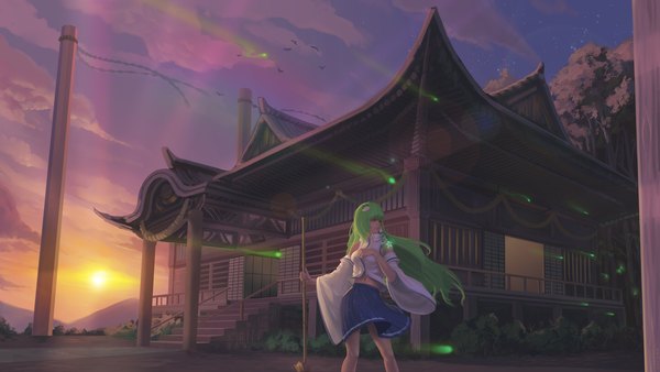 Anime picture 1920x1080 with touhou kochiya sanae sarena single long hair fringe highres breasts wide image large breasts standing looking away sky cloud (clouds) green hair wind wide sleeves midriff morning sunrise