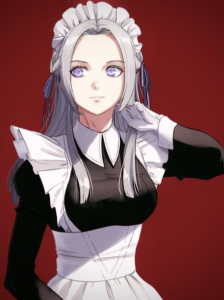 Anime picture 1534x2048 with fire emblem fire emblem: three houses nintendo edelgard von hresvelg mueririko single long hair tall image simple background standing purple eyes payot looking away silver hair upper body long sleeves arm up maid puffy sleeves adjusting hair