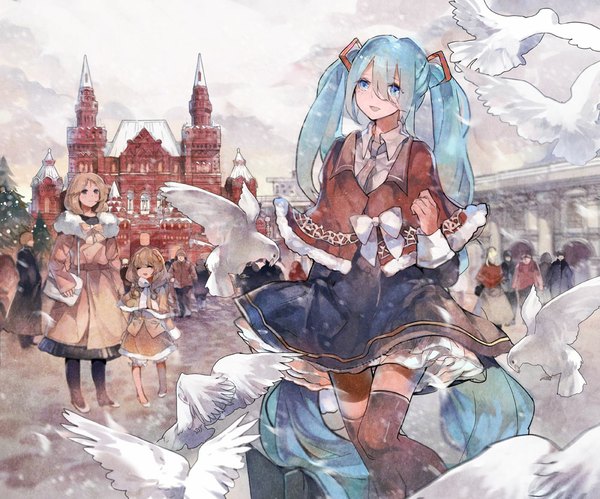 Anime picture 1000x833 with vocaloid hatsune miku susu (artist) long hair twintails multiple girls sky cloud (clouds) aqua eyes aqua hair moscow girl thighhighs boy bow plant (plants) animal tree (trees) bird (birds) feather (feathers)