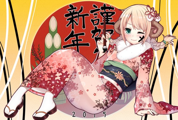 Anime picture 1480x1000 with original itsumo tchan single long hair looking at viewer blush blue eyes blonde hair braid (braids) traditional clothes japanese clothes one eye closed horn (horns) wink new year happy new year nengajou calligraphy girl socks