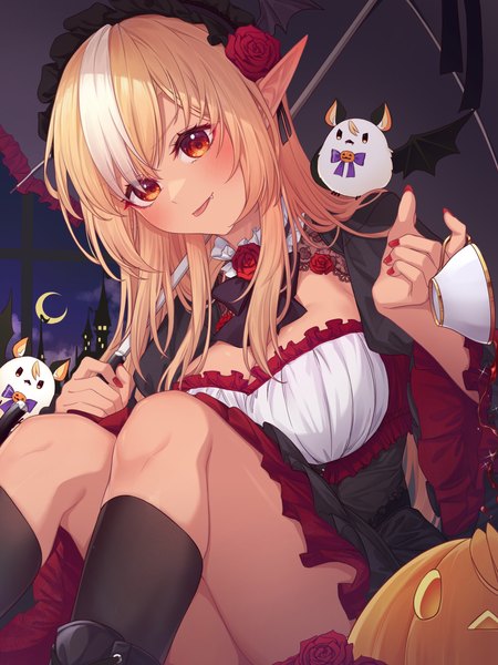 Anime picture 3000x4000 with virtual youtuber hololive shiranui flare elfriend (shiranui flare) tang-du single long hair tall image looking at viewer fringe highres breasts blonde hair hair between eyes large breasts bent knee (knees) nail polish head tilt multicolored hair hair flower
