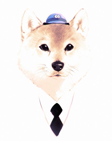 Anime picture 1080x1350 with original ilya kuvshinov tall image looking at viewer white background black eyes portrait no people blending shiba inu hat animal necktie dog