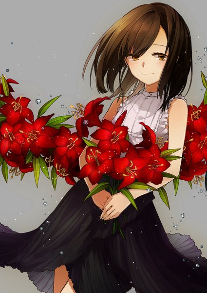 Anime picture 1229x1736 with original sogawa single tall image blush fringe short hair simple background smile brown hair bare shoulders brown eyes looking away grey background girl skirt flower (flowers) black skirt water drop bouquet