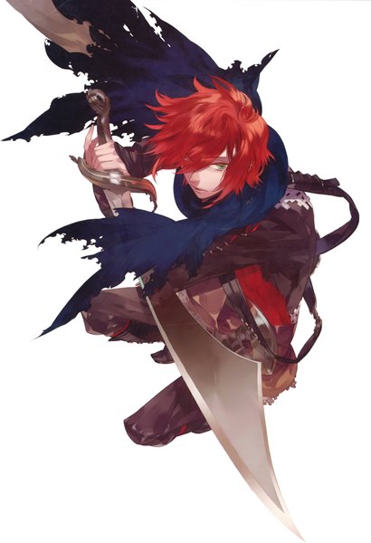 Anime picture 2869x4196 with kazuaki art works kazuaki single tall image fringe highres short hair simple background white background red hair hair over one eye torn clothes squat boy weapon sword scarf