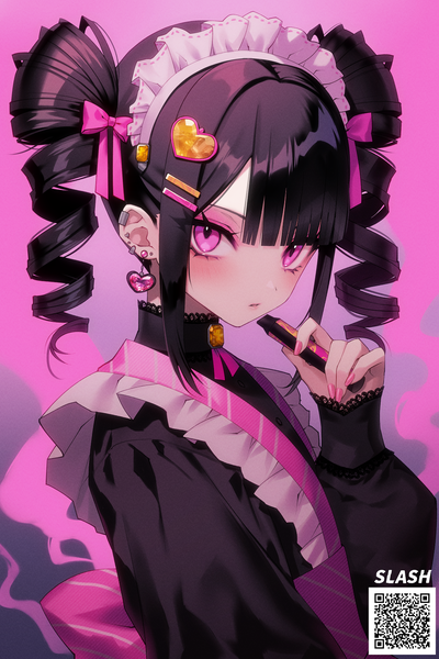 Anime picture 1120x1680 with original slash (company) mekariruwii single tall image looking at viewer blush fringe short hair black hair twintails holding upper body blunt bangs long sleeves nail polish pink eyes arm up fingernails maid
