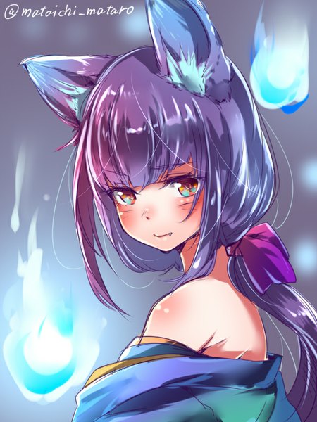 Anime picture 600x800 with ole tower mataichi matarou single long hair tall image looking at viewer blush fringe blue eyes bare shoulders brown eyes signed animal ears pink hair purple hair teeth fang (fangs) fox ears fox girl girl