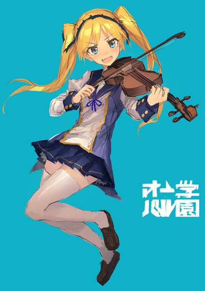 Anime picture 800x1132 with koko ga genkai no oval gakuen tagme (character) lm7 (op-center) single long hair tall image looking at viewer blush open mouth blonde hair simple background twintails blue background girl thighhighs skirt uniform school uniform miniskirt white thighhighs