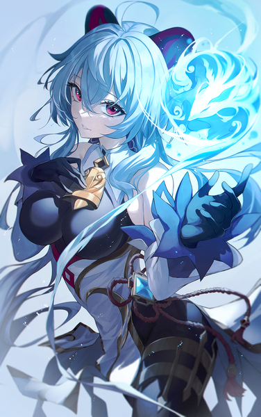 Anime picture 1769x2825 with genshin impact ganyu (genshin impact) matsogum single long hair tall image looking at viewer fringe highres light erotic hair between eyes red eyes blue hair ahoge horn (horns) hand on chest girl gloves detached sleeves black gloves