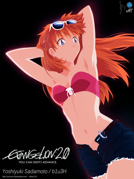 Anime picture 1200x1600 with neon genesis evangelion rebuild of evangelion evangelion: 2.0 you can (not) advance gainax soryu asuka langley azcanon (artist) single long hair tall image blue eyes orange hair inscription armpit (armpits) midriff coloring black background arms behind head open shorts girl navel