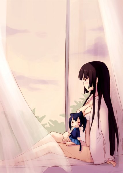 Anime picture 1075x1512 with k-on! kyoto animation akiyama mio nakano azusa li (liras) long hair tall image light erotic black hair sitting cloud (clouds) black eyes open clothes open shirt girl window curtains doll (dolls) tulle