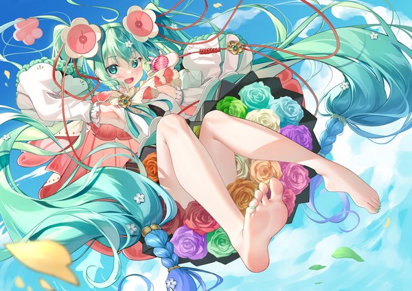 Anime picture 2339x1654 with vocaloid magical mirai (vocaloid) hatsune miku magical mirai miku magical mirai miku (2021) meion single fringe highres open mouth hair between eyes twintails sky cloud (clouds) full body very long hair nail polish :d barefoot aqua eyes