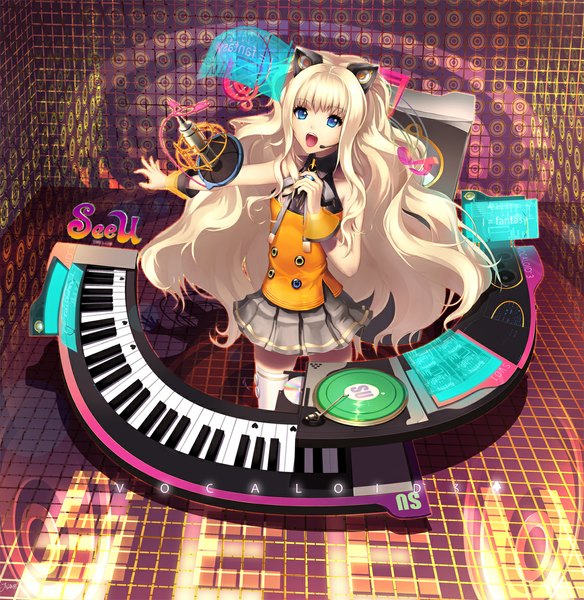 Anime picture 1144x1175 with vocaloid seeu jname single long hair tall image open mouth blue eyes blonde hair animal ears sleeveless music girl skirt miniskirt bracelet microphone