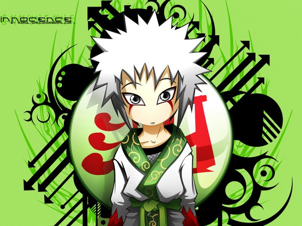 Anime picture 1024x768 with naruto studio pierrot naruto (series) jiraiya short hair white hair grey eyes chibi vector green background boy belt directional arrow