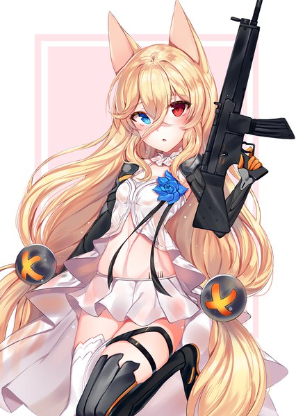 Anime-Bild 1000x1407 mit girls frontline g41 (girls frontline) zerocat single tall image looking at viewer blush fringe open mouth blue eyes simple background blonde hair hair between eyes red eyes standing twintails holding animal ears very long hair :o