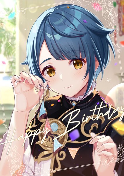 Anime picture 1415x2000 with genshin impact xingqiu (genshin impact) fukaya miku single tall image looking at viewer short hair smile holding yellow eyes blue hair upper body framed happy birthday boy string of flags