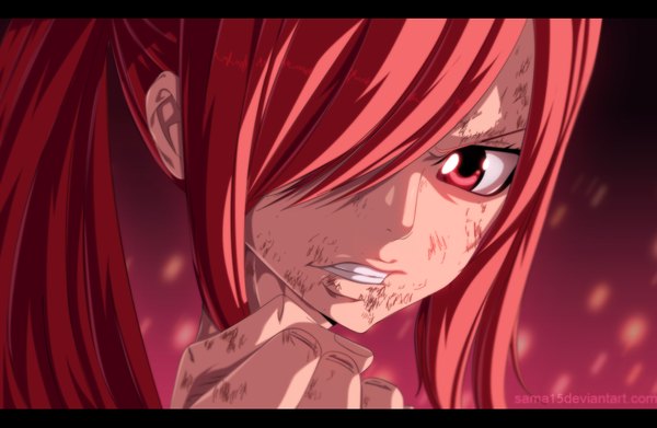 Anime picture 1000x652 with fairy tail erza scarlet sama15 single long hair fringe red eyes ponytail red hair hair over one eye grin coloring close-up angry girl fist