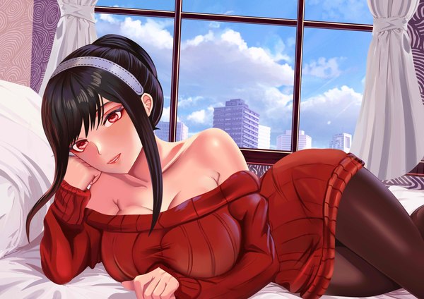 イラスト 7016x4963 と スパイファミリー ヨル・フォージャー ronikx art ソロ 前髪 highres 短い髪 おっぱい light erotic 黒髪 赤い目 大きな乳房 肩出し payot absurdres 空 cloud (clouds) lying オフショルダー on side