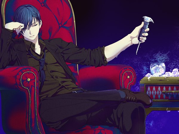 Anime picture 1200x900 with vocaloid kaito (vocaloid) keishi single fringe short hair open mouth blue eyes sitting holding blue hair one eye closed wink crossed legs open collar head rest twisty sleeves boy shirt necktie