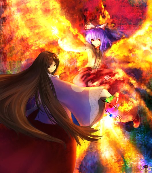 Аниме картинка 1100x1250 с touhou fujiwara no mokou houraisan kaguya chirigami-san длинные волосы высокое изображение красные глаза каштановые волосы карие глаза фиолетовые волосы японская одежда девушка повязка на волосы огонь