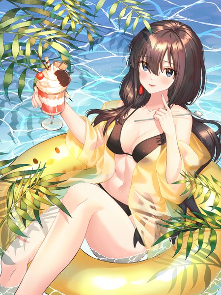 Anime picture 2500x3333 with original jisu lee single long hair tall image looking at viewer blush fringe highres breasts light erotic black hair smile hair between eyes large breasts holding cleavage outdoors from above off shoulder