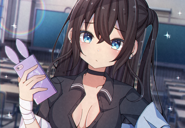 Anime picture 3476x2408 with original sapphire (sapphire25252) single long hair looking at viewer blush fringe highres breasts blue eyes light erotic black hair hair between eyes holding payot absurdres upper body blurry no bra depth of field