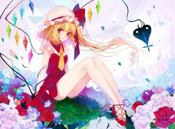 Anime picture 2300x1700 with touhou flandre scarlet renkarua single long hair looking at viewer fringe highres blonde hair red eyes sitting full body outdoors wind bare legs :o high heels legs one side up lacing