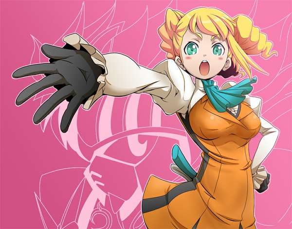 Anime picture 965x758 with mobile suit gundam gundam build fighters sunrise (studio) yajima caroline mana12 single looking at viewer blush short hair breasts open mouth blonde hair green eyes outstretched arm girl dress gloves
