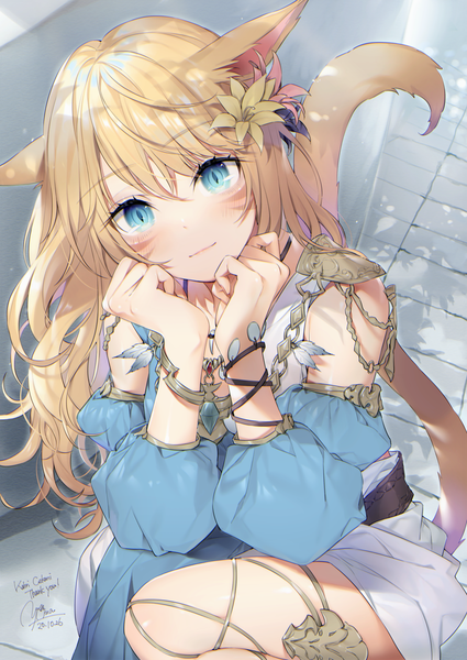 Anime picture 1287x1818 with final fantasy final fantasy xiv square enix miqo'te yana mori single long hair tall image looking at viewer fringe blue eyes blonde hair smile hair between eyes sitting signed animal ears outdoors tail head tilt