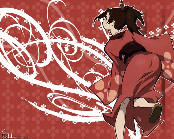Anime picture 1280x1024 with samurai champloo fuu (samurai champloo) single looking at viewer simple background brown hair brown eyes ponytail traditional clothes japanese clothes looking back from behind wallpaper character names gradient background vector running outline girl kimono