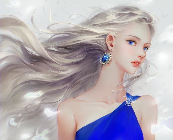 Anime picture 1200x974 with original dadachyo single long hair looking at viewer blue eyes blonde hair simple background bare shoulders signed upper body parted lips head tilt lips realistic grey background floating hair fashion girl dress