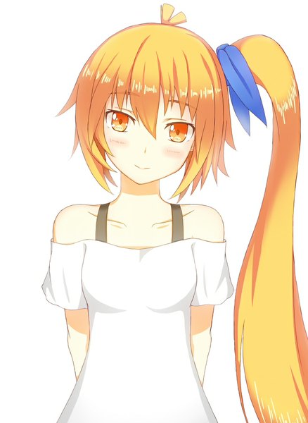 Anime picture 730x1000 with vocaloid akita neru tsumuji (kazekirikengo) single long hair tall image looking at viewer blush simple background blonde hair smile white background bare shoulders ponytail orange eyes side ponytail hands behind back girl dress ribbon (ribbons)