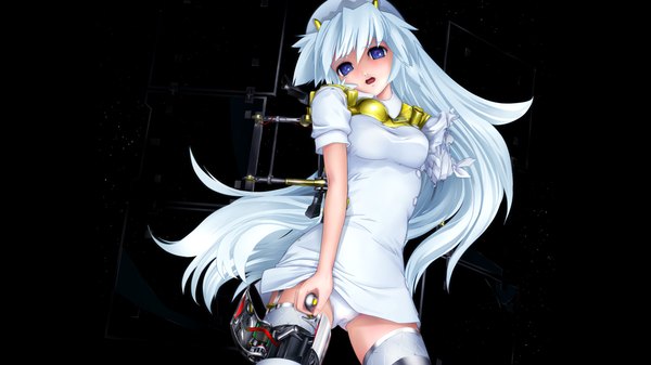 Anime picture 1366x768 with original hayabusa (spacecraft) ashibe ryou single long hair blush open mouth blue eyes light erotic wide image blue hair dark background mechanical girl thighhighs dress underwear panties white thighhighs android