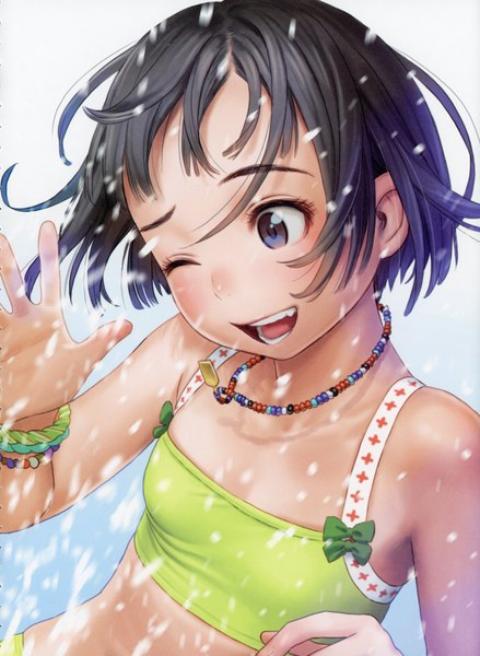 Anime picture 5092x6966 with futurelog (artbook) range murata single tall image highres short hair open mouth black hair smile bare shoulders absurdres one eye closed scan sleeveless flat chest ;d girl bracelet pendant crop top