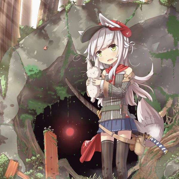 Anime-Bild 1920x1920 mit original hinbackc single long hair fringe highres open mouth standing bare shoulders holding green eyes animal ears looking away silver hair outdoors tail animal tail pleated skirt wide sleeves zettai ryouiki